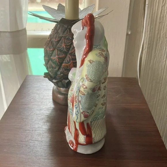 Vintage Chinese Shou Xing Porcelain Figurine w/Yellow Blue Red Outfit 7” - Picture 4 of 9